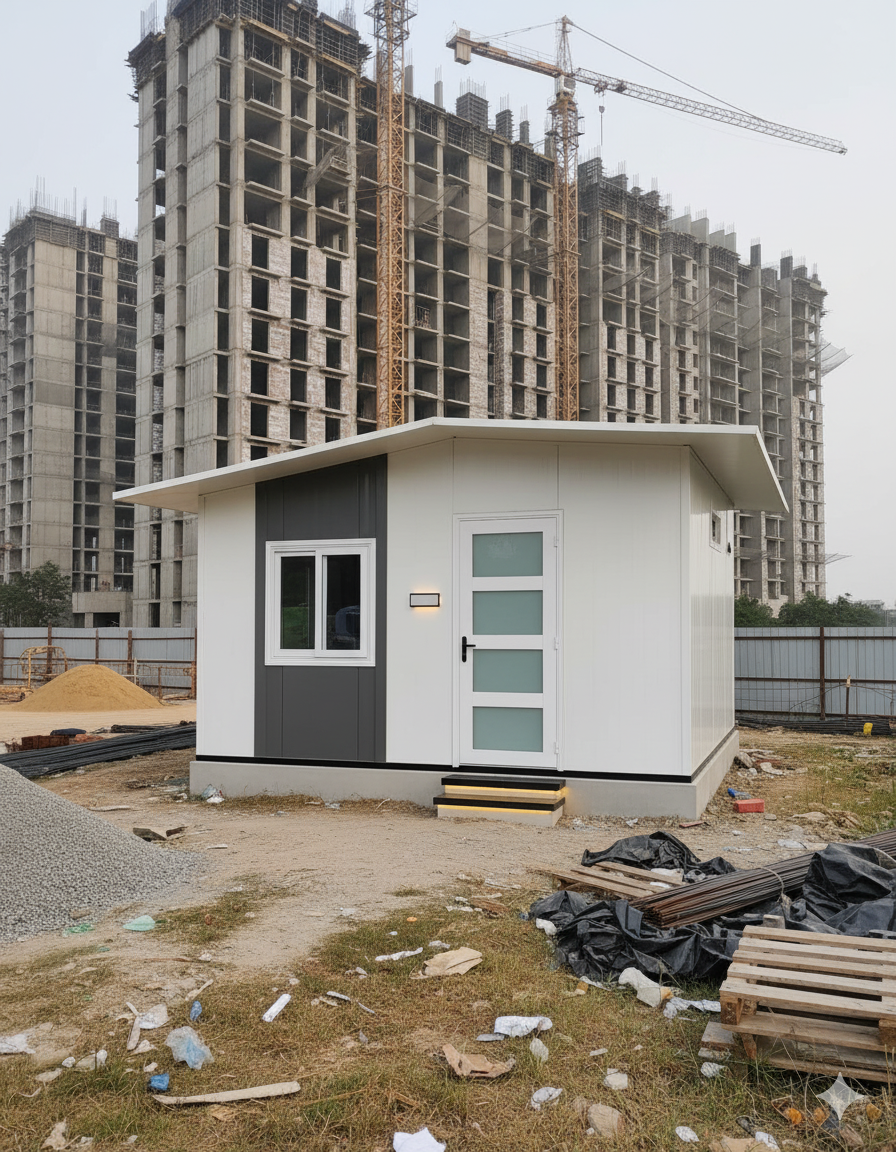 A prefabricated labor home with outdoor seating and a welcoming facade.